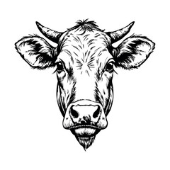 Cow head illustration with expressive features in vintage style