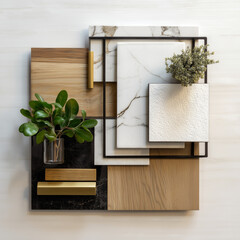 materials sample board on a while background, carrera marble accents, polished brass trim, smooth oak, white venetian plaster, black metal frames, house plants, clear glass