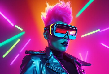 A person with pink hair and futuristic glasses poses dramatically amidst vibrant neon lights, exuding a cyberpunk aesthetic.