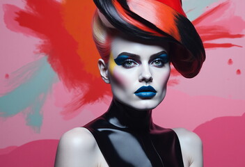 A woman with striking makeup and a bold hairstyle poses dramatically against a colorful, abstract background.