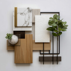 materials sample board on a while background, carrera marble accents, polished brass trim, smooth oak, white venetian plaster, black metal frames, house plants, clear glass