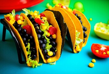 Colorful tacos filled with black beans, corn, and tomatoes stand on a vibrant blue surface, creating a visually striking  - Generative AI
