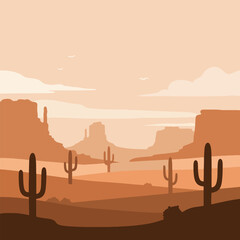 elegant desert landscape with distant mesas and tall cactus silhouettes in warm flat color layers for modern minimal vector art