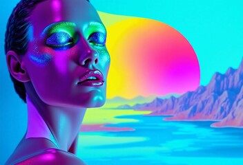 A woman with vibrant makeup gazes towards a colorful, surreal landscape featuring a glowing sun and mountains.