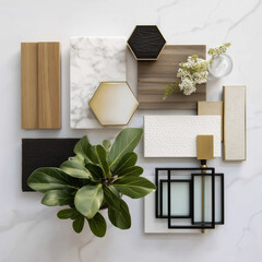 materials sample board on a while background, carrera marble accents, polished brass trim, smooth oak, white venetian plaster, black metal frames, house plants, clear glass