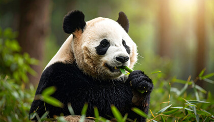 Obraz premium Panda eating bamboo in forest, adorable expression, green natural background