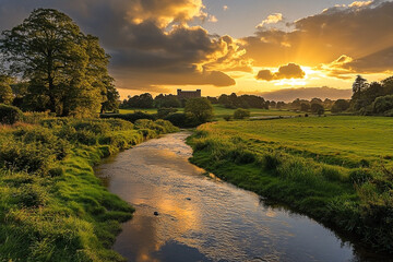 A peaceful river flowing through green fields towards a castle at sunset