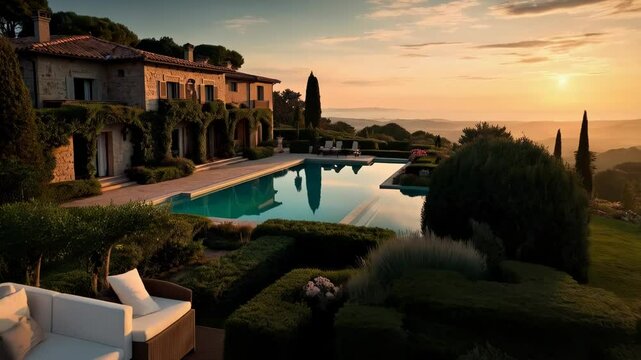  A stunning panoramic view of a luxurious Tuscan villa at golden hour, featuring a turquoise infinity pool reflecting the dramatic sunset sky, rolling hills, and iconic cypress trees. 