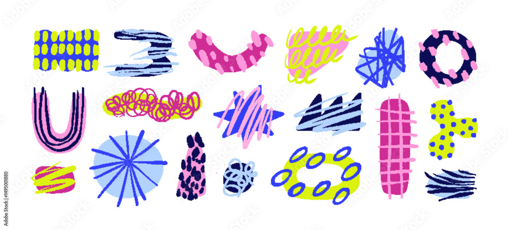 Aufkleber abstract doodle shapes set. hand-drawn geometric organic figures, forms with scribbles, swirls, grid