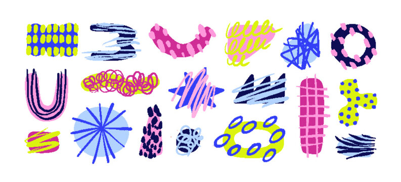 Abstract doodle shapes set. Hand-drawn geometric organic figures, forms with scribbles, swirls, grid. Modern creative design elements in funky style. Flat vector illustration on white background