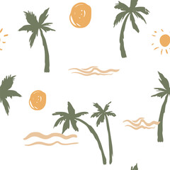 Tropical pattern, palm trees sketch, doodle illustration, vector, hand drawn, monochrome