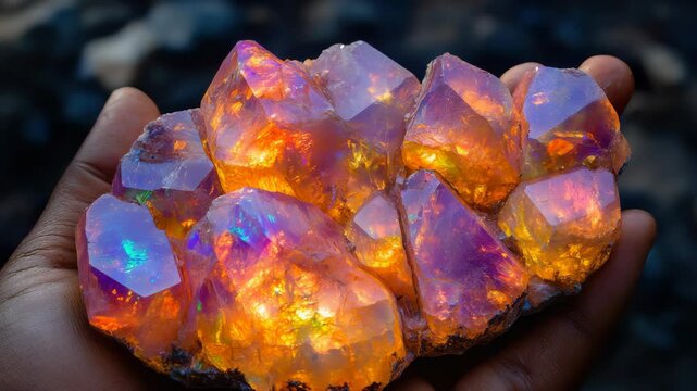 A hand holding a cluster of fire opal crystals