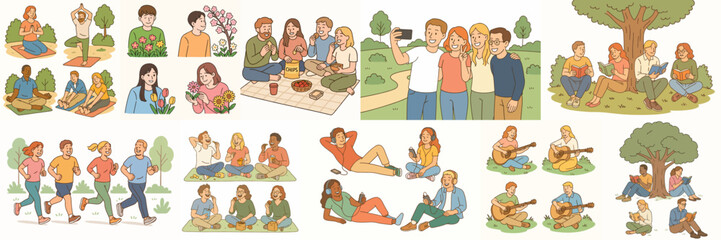 Collection of people doing activities in the park