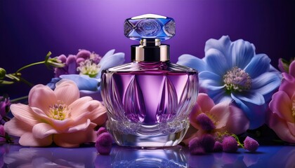  A vibrant perfume bottle, adorned with jewel-toned accents, sits amidst a profusion of lush, stylized flowers 