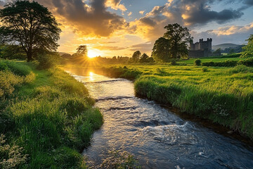 Majestic Castle Overlooking Serene River at Sunset in Verdant Landscape