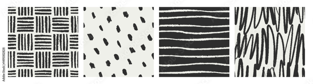 Fototapete Seamless abstract scribble textures set. Repeating pattern designs with black and white crosshatch, brushstrokes, doodle lines, freehand stripes, rough pencil sketches. Drawn vector illustrations