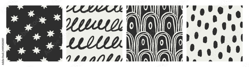 Poster seamless abstract scribble patterns set. hand-drawn stars, doodles in black, sketch drawings on endl