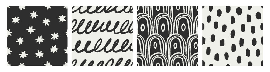 Seamless abstract scribble patterns set. Hand-drawn stars, doodles in black, sketch drawings on endless textures, repeating prints for modern fabric, wallpaper, wrapping design. Vector illustrations