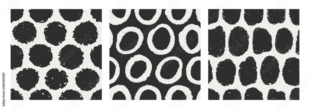 Poster Seamless abstract patterns set with. Organic rough round shapes, doodle circles, black and white textures. Repeating prints, designs for textile, wallpaper, wrapping. Hand-drawn vector illustration