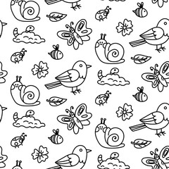 pattern of insects and animals, leaves, flowers. Monochrome texture in form of doodles. Snail, bird, ladybug, worm, butterfly. For printing, packaging, posters, blogs, and children's or nature themes