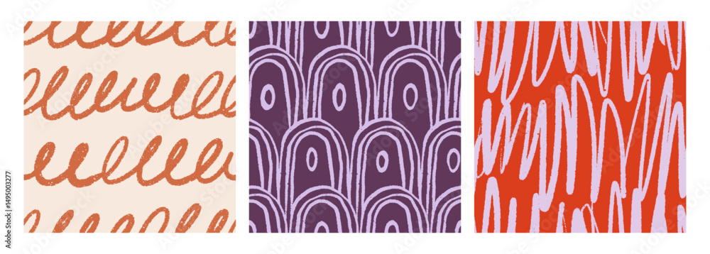 Poster seamless abstract patterns set. modern freehand doodle style textures, organic scribbles. endless ba