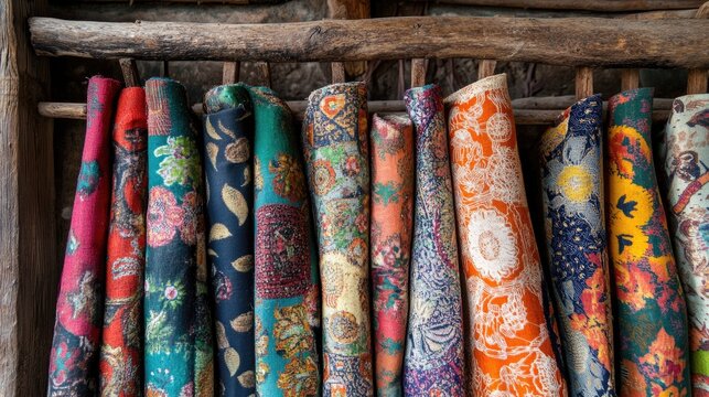 Brightly colored bolts of cloth leaning on a rustic wooden rack inside a tailoring workshop
