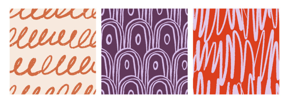 Seamless abstract patterns set. Modern freehand doodle style textures, organic scribbles. Endless background, repeating print for textile, wallpaper, wrapping design. Hand-drawn vector illustrations