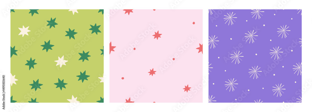 Aufkleber seamless doodle patterns with stars and fireworks. endless backgrounds, abstract textures, repeating