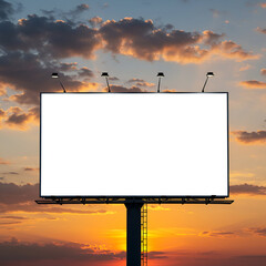 Empty billboard at sunset with no people or objects. Blank billboard against a dramatic sunset sky with clouds. Empty advertisement space for marketing and media use. Cityscape.