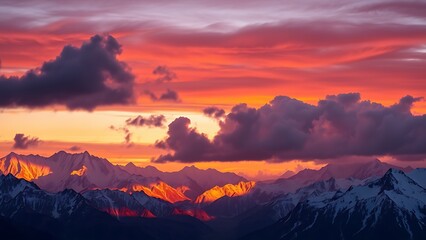 Majestic Sunset over Snow-Capped Mountains A breathtaking view of a vibrant sunset casting fiery hues across a dramatic mountain range, creating a stunning natural landscape.