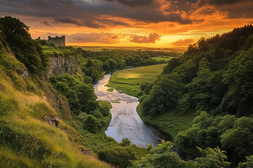Castle perched on cliff overlooking river valley at golden sunset hour