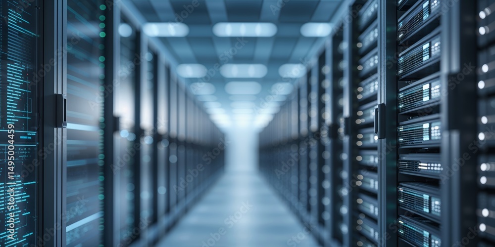 Poster advanced server room with rows of data storage units illuminated by soft blue lights in a modern fac