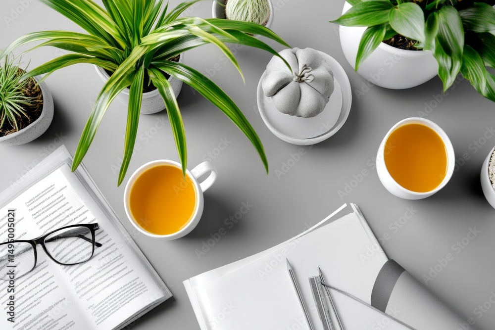 Poster the top view of an a4 magazine mockup shows a book or catalog on a gray table, with a blank page or 