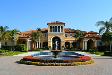 Opulent mansion exterior with grand fountain and tropical landscaping design