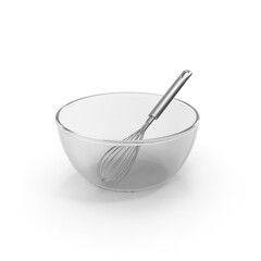 Clear Glass Mixing Bowl with Metal Whisk Isolated on White Background