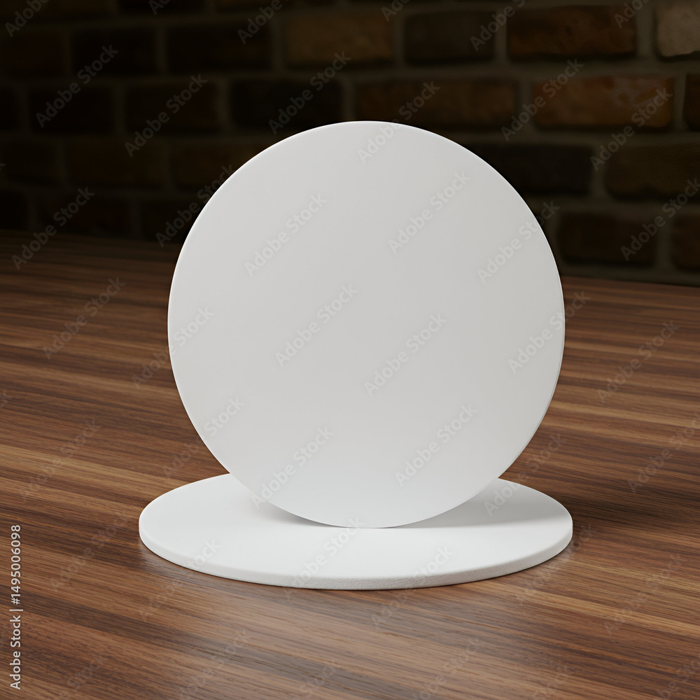 Poster blank white circular coasters on a wooden surface against a brick background. empty display objects 