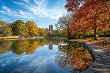 Autumnal reflections on a serene lake landscape with distant cityscape backdrop