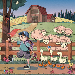 Cute cartoon book scene of a boy with gooses and sheep in front of the farm landscape. Colorful Illustration for games, background, decor, story book. Print for fabrics and other surfaces.