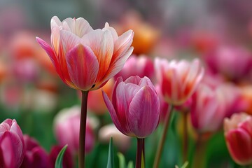 Obraz premium Pink and white tulips blooming in garden