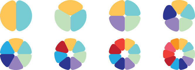 Obraz premium Pie chart set, Pie chart infographic icon set, Pie chart divided equal parts, Infographic wheel segment and fraction Vector illustration