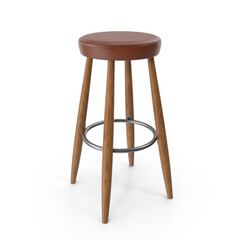 Wooden Bar Stool with Brown Seat and Metal Footrest Isolated on White Background