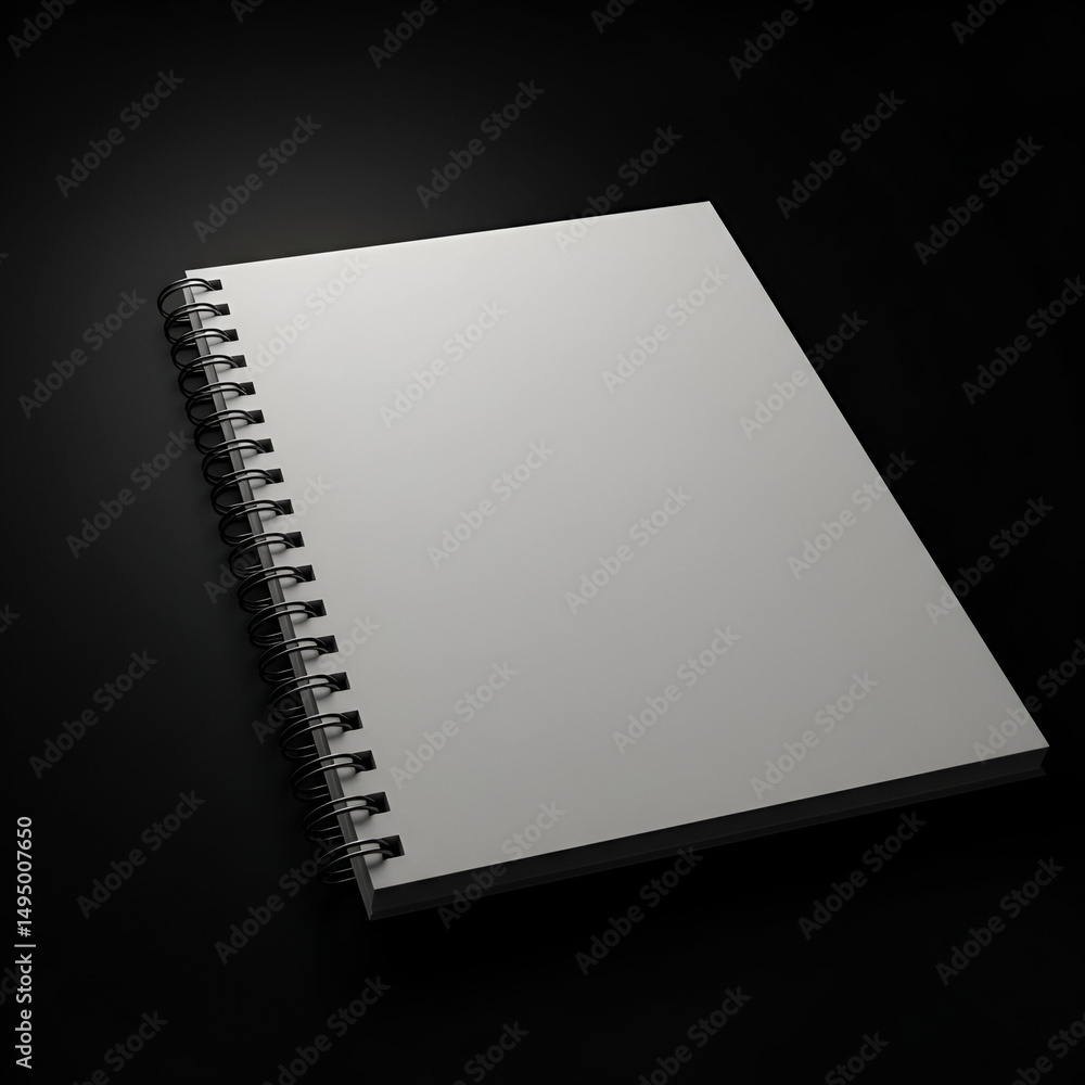 Poster blank spiral-bound notebook resting on dark surface. empty notebook with black coils, ideal for show