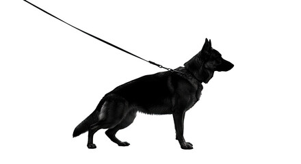 Fototapeta premium Black silhouette of a dog in a collar with a leash, full length, side view. isolated on white background.