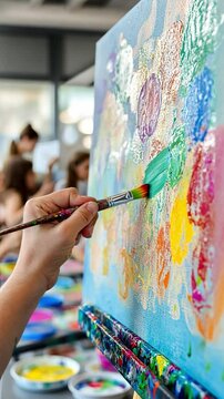 Artist painting colorful abstract artwork on canvas