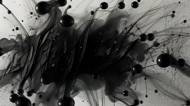 Splash of black ink falling into water creating abstract explosion pattern with artistic aesthetic used for dark concepts, visual effects and experimental motion backgrounds