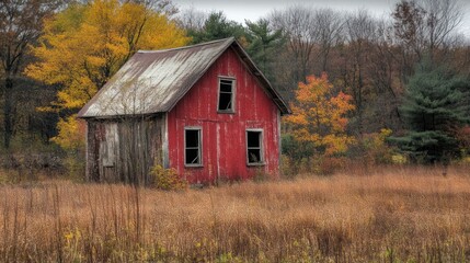Obraz premium Rustic red abandoned house, autumn field, forest background, fall scenery, nature photography