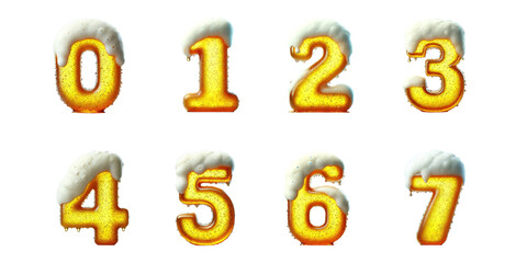 Concept of beer-themed number typography : Numbers 0, 1, 2, 3, 4, 5, 6, and 7 made from frothy beer with foam on top, isolated on black background