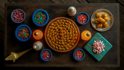 A top-down view of an ornate Middle Eastern or North African feast spread across a dark wooden table with an intricate carved border pattern.