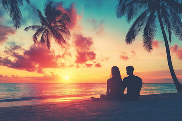 Romantic getaway to a tropical beach paradise at sunset creating memories together