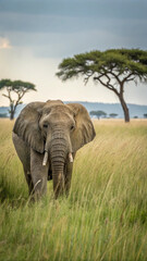 African elephant walking through tall grass savanna